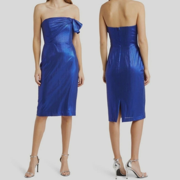 NWT Black Halo Women's Blue Divina Strapless Jacquard Sheath Dress Size 8 $460 - Picture 1 of 13